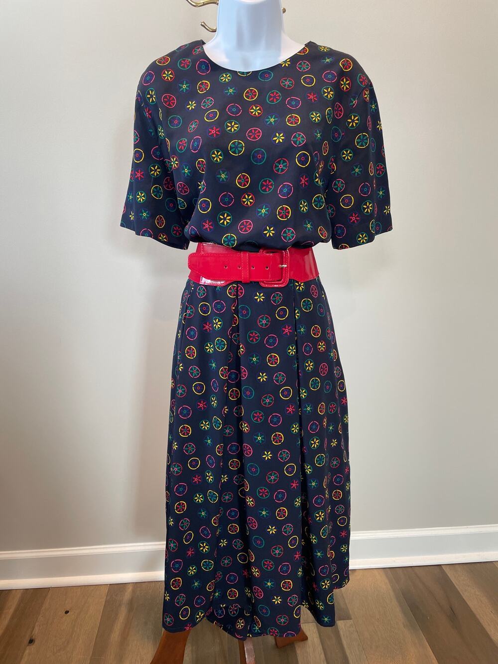 Talbots Circle Print Pleated Dress Size 14 Navy Multicolor Vintage
